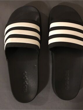 adidas Black Slides with White Stripes